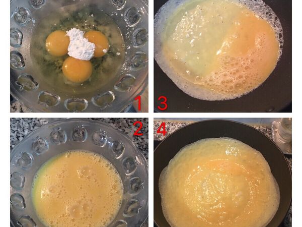 3顆蛋加入一茶匙太白粉,用叉子打散,不沾鍋中抹少許油,鍋子微熱後倒入一半的蛋液,並馬上離火轉鍋子,讓蛋液均勻的附著在鍋子上,接著用小火慢慢加熱到蛋液完全凝結.