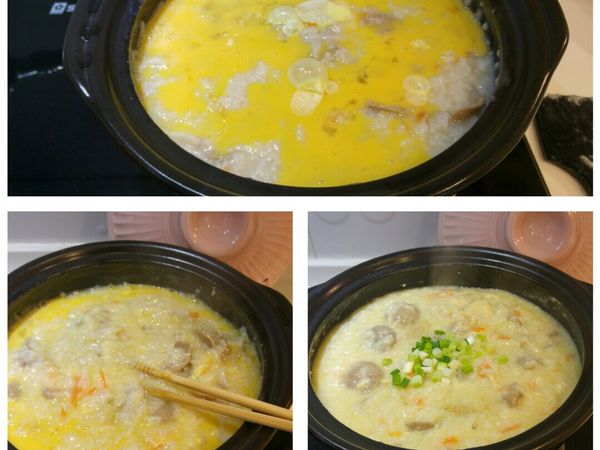 蛋液繞鍋邊倒入，拿筷子或杓子快速均勻攪散，讓白粥變成金黃色，再開火煮至冒泡。關火，灑上蔥花即可。