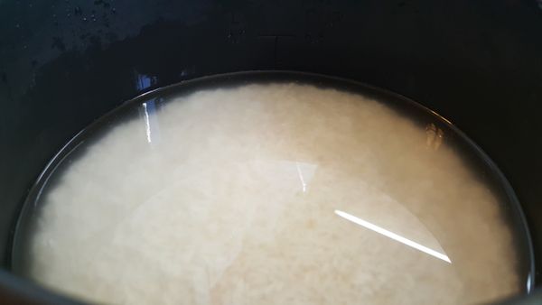將糯米洗淨後，加入水份(蓋過糯米1寸高)，放入電飯煲浸過夜。