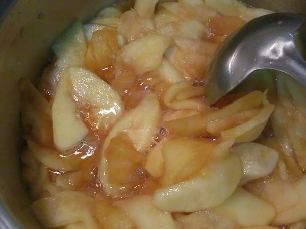 蘋果去皮去子切小塊，這看你想要什麼口感，可以切小塊或切大塊一些，也可以切片，這次我想要能平鋪在土司片上，所以我就切成片，將所有糖、水、醋或檸檬汁先加熱，再放入蘋果片！