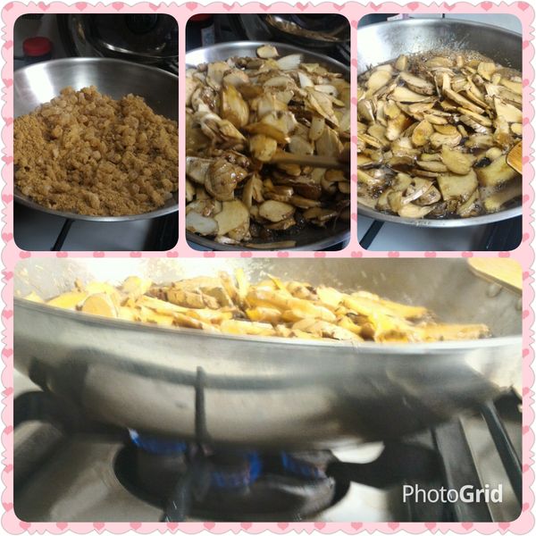 先將冰糖+黑糖如入鍋中，開火微溶速炒幾下有點糖的微微焦香後，入薑片拌炒.....直到糖溶液～～～