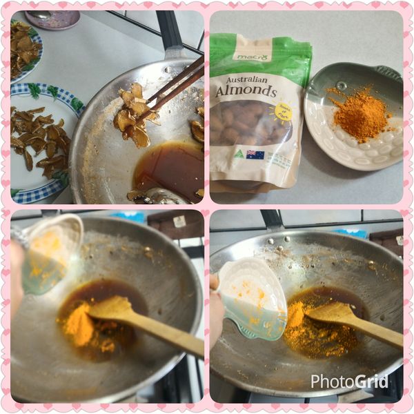 最後將老薑汁裝罐，留約一碗加一大匙薑黃粉炒杏仁豆......