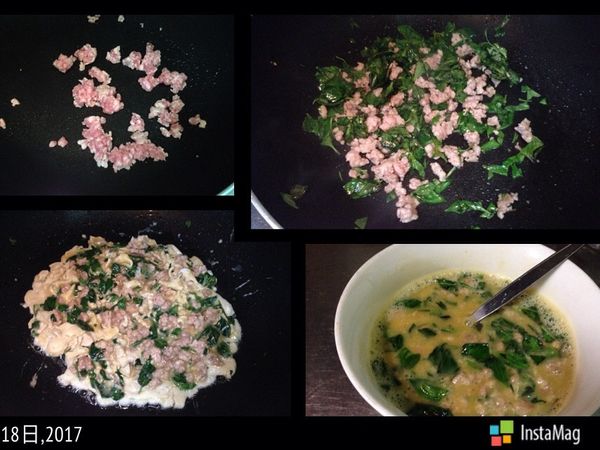 1.起少許油下豬絞肉炒至8分熟
2.下九層塔用豬絞肉炒香
3.放入調味好的蛋液中
4.原鍋下蛋液煎至兩面熟即可