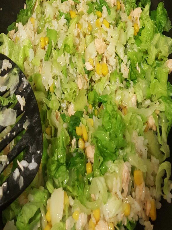 再加入蔬菜 蔥花 調味料 炒均勻 
就完成嚕