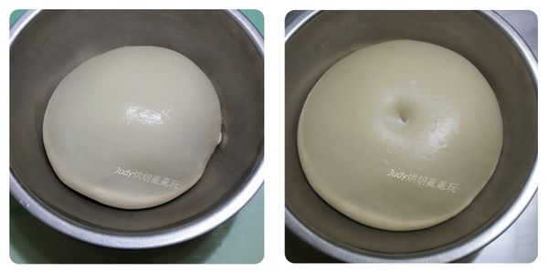 將麵團光滑面翻折出滾圓，收口捏緊朝下放入抹少許油的盆中，在麵團表面噴一些水避免乾燥，將麵團放入烤箱中，做第一次發酵約60分鐘至2倍大