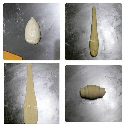 休息好的麵團用雙手滾成更長的水滴椎子狀，再用桿麵棍桿平，記得桿時由中間向上、向下桿平，會比較好操做，由寬處向窄處捲起，整齊排入烤盤，發酵約60分鐘至2倍大