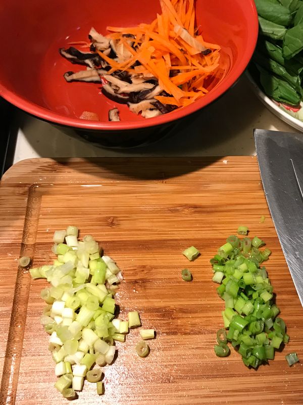 備料
蔥切末。蔥白 和綠色部分分開
高麗菜切絲
紅蘿蔔少許 切絲
香菇切細條狀備用