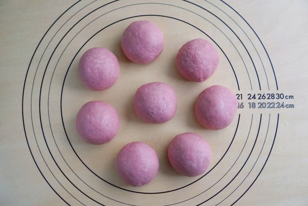 麵糰用手掌壓出空氣再均分8個，用手掌捲起搓成圓球狀放置10分鐘。