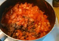 煮過的牛肉，切細的新鮮蕃茄倒入蕃茄泥鍋中，調味（香草oregano, basil) 加點辣椒粉也不錯，再煮約5分鐘。此醬配義大利麵超好的。