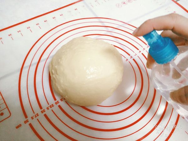 將光滑面翻出、滾圓收口，顫抖的手為得來不易的麵糰噴上一些水，終於可以進入初次發酵階段，放入溫暖的烤箱(最佳溫度為40度，若烤箱有發酵功能就開，沒有的話，可先預熱到溫暖不燙的狀態，再放入麵糰)
＊初次發酵時間1小時，膨脹約2倍大。