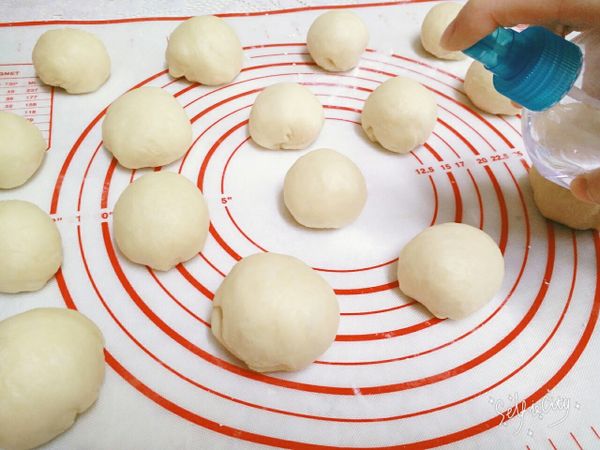 把分成小塊的麵糰，翻出光滑面、滾圓收口，表面一樣噴些水霧避免太乾，蓋上發酵布，靜置20分鐘