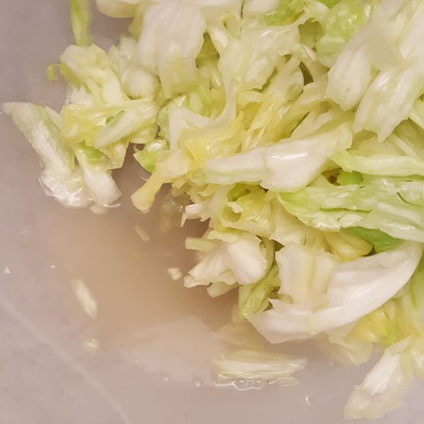 確定高麗菜葉變軟後，用手抓捏壓出水份