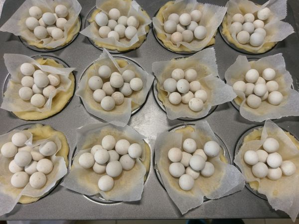 塔皮可以先放入冰箱再次鬆弛
烤箱先預熱上下火200度10分鐘
等烤箱預熱好之後，將塔模取出，塔皮用叉子戳洞，上方放上重石，放入烤箱烤20分後，取出重石，再烤5分