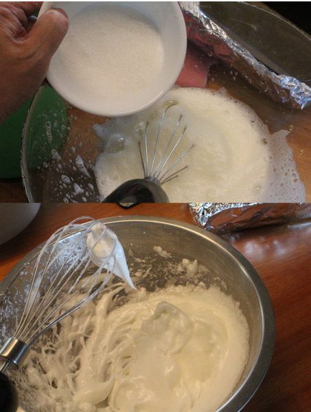 分2次加入白糖，打至蛋白可以立起。