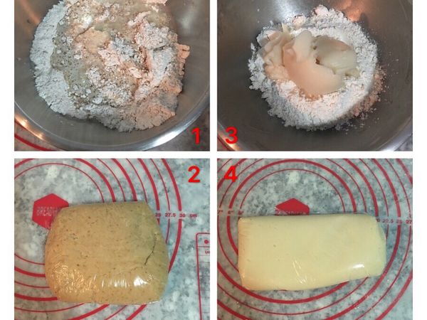 分別將油皮和油酥皮的材料混合成團後，用保鮮膜包起來，冷藏。油皮製作時麵粉和鹽、糖等材料需先混勻後才放豬油和水。油酥制作時儘量以筷子或攪拌棒進行混合，以免手溫融化豬油造成沾黏。