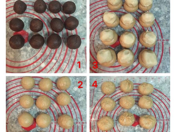 先將豆沙泥分成15顆揉圓後用保鮮膜蓋起來備用。取出油皮秤重後等分成15份，揉圓備用。油酥取出後秤重等分15顆揉圓後壓在油皮上。再用油皮將油酥包起，開口捏緊，口朝上擺放。