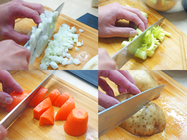 將洋蔥、西洋芹、紅蘿蔔、馬鈴薯切塊備用，
因為使用調理機，可以不用將食材切丁。