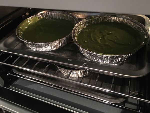 將剛剛混合好的油跟消化餅用湯匙壓平至容器內（我用一次性六寸盒子大約做三個不過餅乾底略薄）
倒入麵糊
即可進烤箱烘烤（水浴法，蛋糕外有用水泡著烤，調節溫度）
150度80分鐘