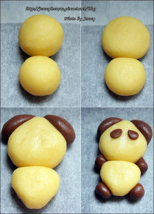 取一大一小原色麵糰上下疊合，再略為按壓呈約1~1.5cm厚度塑型。