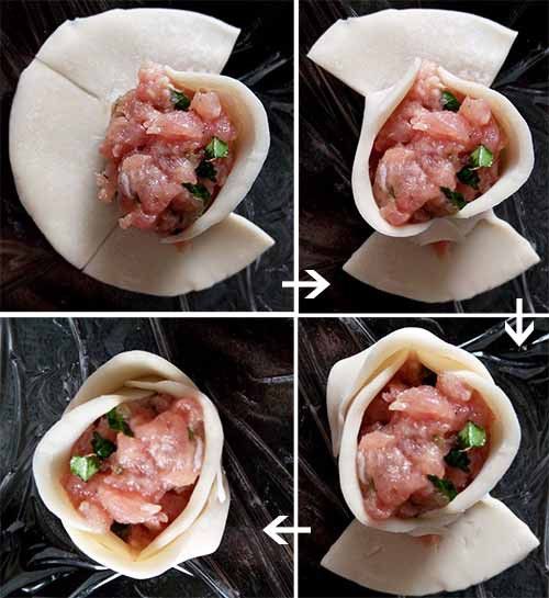 中央放上適量餡料，依序折起右、左、上、下四邊的餃子皮