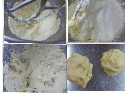 低筋麵粉與糖粉分開過篩後備用
1奶油加入糖粉與鹽巴打至泛白後分次加入蛋液乳化
2依序倒入奶粉與低筋麵粉拌勻
3取出
4桌面撒上些許手粉(高筋麵粉)拌勻揉成不黏手麵團