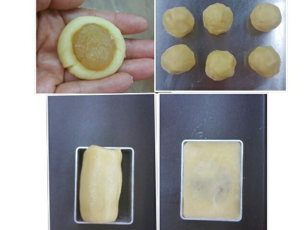 糕皮分割為每個18克/30顆
鳳梨餡分為每個12克/30個揉圓備用
1糕皮包入鳳梨餡
2揉圓
3搓成橢圓形放入模型中
4用力壓緊,整齊排放烤盤上