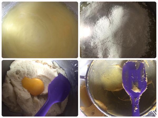 燙麵法：
牛奶、10克奶油、40克沙拉油放入小鍋加熱出現小細泡熄火。
倒入過篩後的麵粉拌勻，加入蛋黃（一個個加）拌勻後過篩備用。