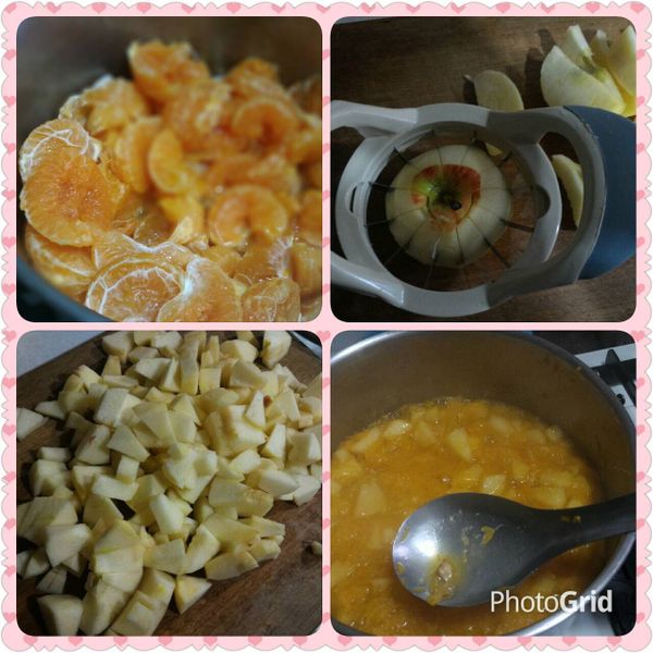 橘子洗淨瀝乾，剝皮果肉分裝，橘瓣去籽，蘋果切丁；橘肉入鍋煮出汁液的同時處理蘋果，再加入蘋果丁ㄧ起煮（中小火）。
https://m.youtube.com/watch?v=J_IiAceJI7A