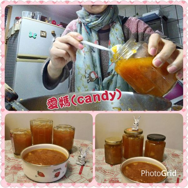 前後約1.5小時，橘子變果泥般蘋果壓了即化開，蘋果膠也完全的釋放，整體是濃稠的，即可裝罐倒扣、放涼、入冰箱裏保存。