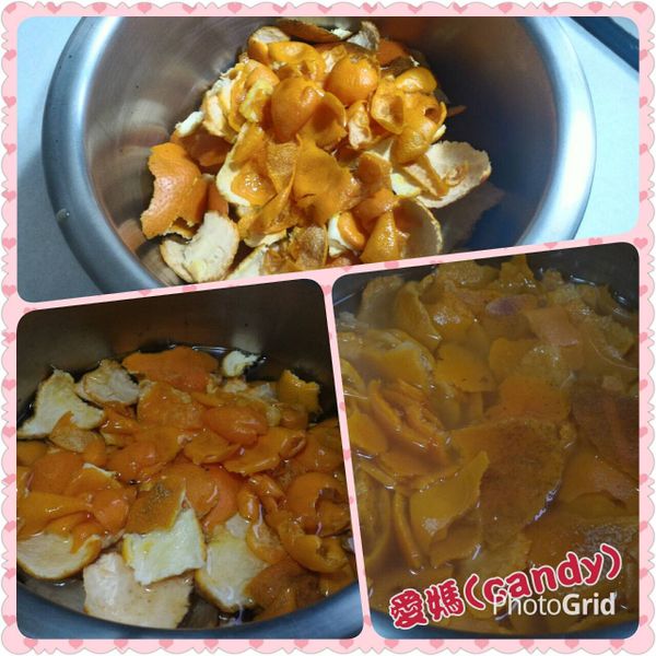 橘皮直接加水煮約30分關火，放涼裝罐，清潔廚房、衛浴室、桌椅.....最天然的清潔劑。請盡早使用，亦可放冰箱保存慢慢用😘（以防發霉）