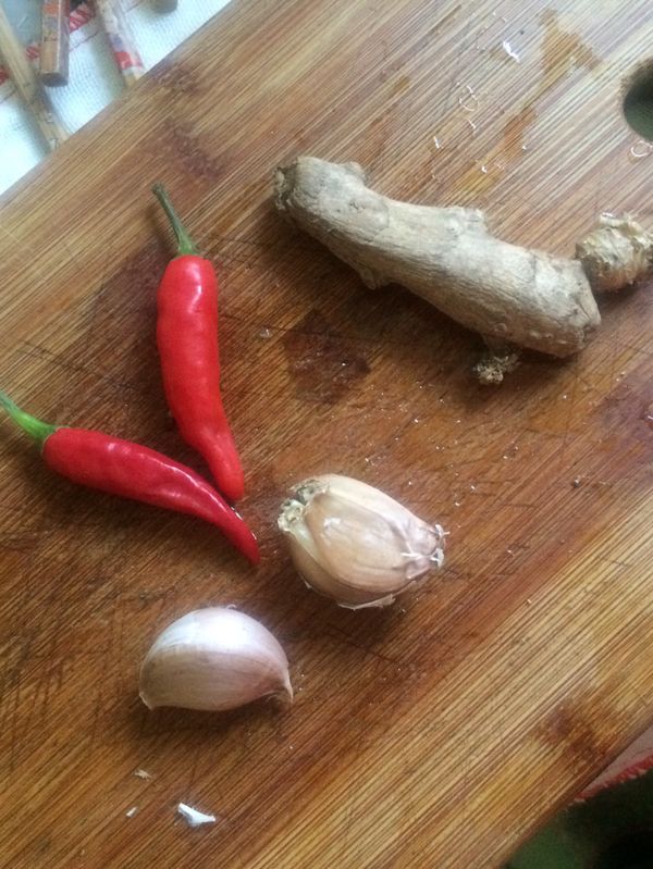 將蒜、辣椒、薑全切末