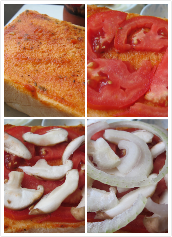 厚片土司塗上一層蕃茄醬，依序平鋪上蕃茄、新鮮香菇片、洋蔥