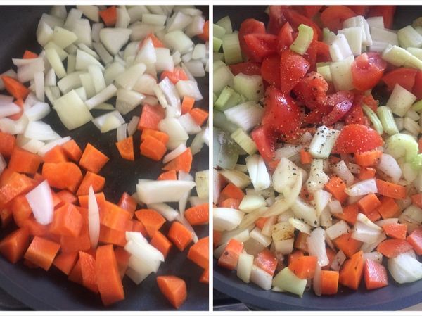 依序加入紅蘿蔔、西芹及番茄炒香
再以黑胡椒調味