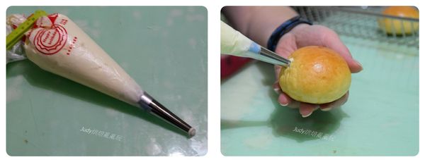 準備好奶油餡，這次我用的是義大利蛋白奶油霜，待餐包完全冷卻後，用花嘴從斜上方擠入餐包內即可。記得不要擠在餐包太下方，免得烤時奶油會漏餡