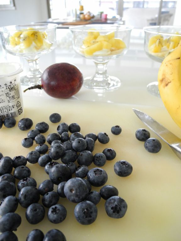 步驟1,將各式水果洗淨,擦乾備用～香蕉切片,奇異果切丁,備用！