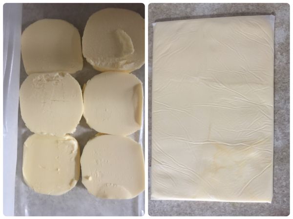 將裹入油（我用法國發酵奶油）冰箱取出不退冰切片，包上油紙稍稍敲打然後桿成片狀。