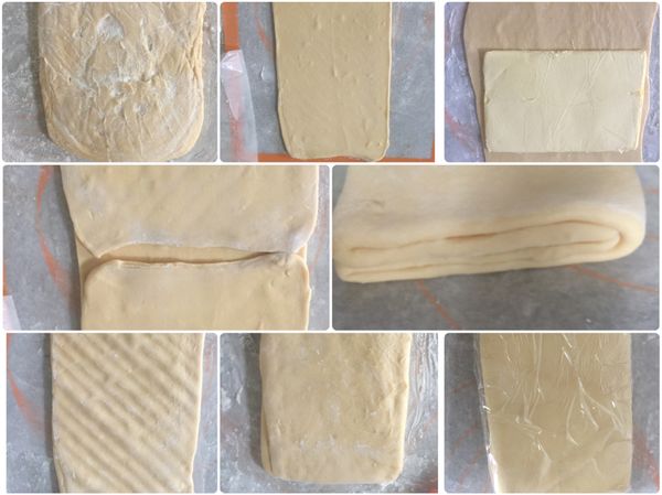冷凍庫取出麵團，工作台上撒上手粉將麵糰桿成長型（裹入油的3倍長），將裹入油放在麵皮中間，兩邊麵皮蓋上轉90度，先用桿麵棍將麵糰整片直線輕壓再斜線輕壓桿成45公分後四折，將麵團轉90度，上述步驟再次桿成45公分三折，將麵團包上保鮮膜放入冷藏一小時。