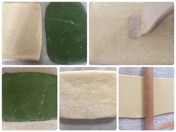 從冰箱將兩份麵團都取出，抹茶麵團桿成和原味麵團一樣大。
原味麵團刷上薄薄的水再蓋上抹茶麵團翻面，原味朝上，將麵團桿開高度20公分，厚度0.3mm。