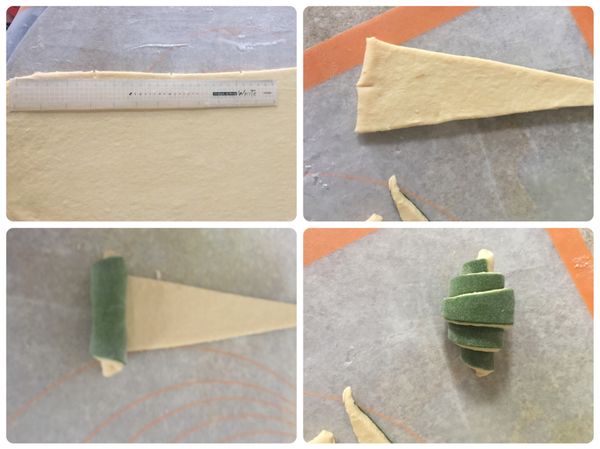 拿把尺，底部9公分一刀先做記號（兩邊都要），畫好後切成等邊三角形，切好底部畫一小刀約0.8mm，輕輕捲起即可，勿按壓。
💡我沒有去邊，自己吃不講究，此份麵團共做了12個可頌。