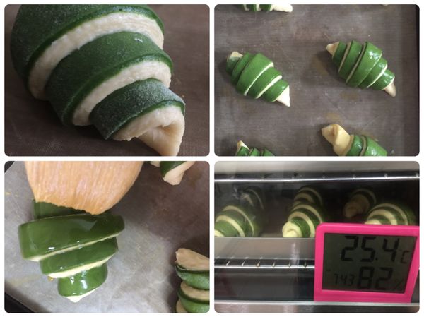 捲好的可頌層次分明，抹上蛋液放入烤箱發酵1.5～2小時，不開發酵行程，溫度需控制在28度以下。發酵約1.5倍大再次抹上蛋液放進烤箱，上下火180度烤20分鐘。