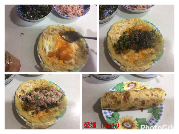 將蛋餅鋪放盤中，塗蘋果橘醬再放紫高麗芽菜，最後放洋蔥鮪魚，捲起即可。
營養滿分早餐，在陽台邊享用，鳥兒（綠繡眼）聞香而來歡樂頌，謝謝你美妙的歌聲，喜悅迎......