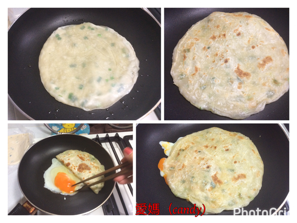 1小匙油煎到雙面金黃，打一個蛋用筷子拌一拌，蓋上蔥油餅，將蛋煎熟即可。