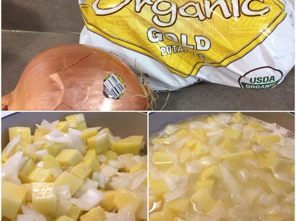 把洋蔥及馬鈴薯去皮切小丁，用少許無鹽奶油將洋蔥及馬鈴薯丁拌炒約5分鐘後加入水（剛好蓋過馬鈴薯的份量），水滾後蓋上鍋蓋小火煮45分。