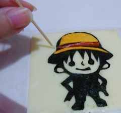 放在起司上用牙籤畫下來，可用紅甜椒再剪出衣服，時間趕未製作><