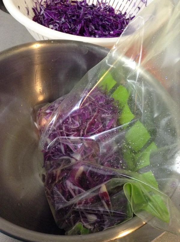 把步驟1的高麗菜細絲放入半量，然後放入塩半量。