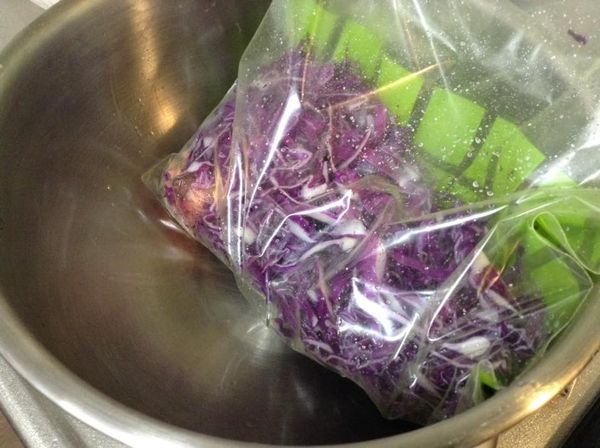 隔著保存袋揉勻之後，再放入剩下的半量高麗菜和塩，及其他材料全部放入一起揉均。