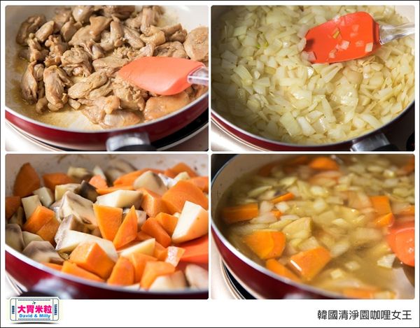 作法3：先用平底鍋煎醃過的雞腿肉可以鎖住肉汁，
只需炒到雞肉變色不需熟透，便可盛盤備用
接著利用鍋中煎過雞腿的香氣加上些許橄欖油，
依序先炒洋蔥變軟呈現焦糖色，再炒紅蘿蔔、馬鈴薯！
接著就能倒入適量水至鍋中蓋過食材，開始熬出蔬菜精華！