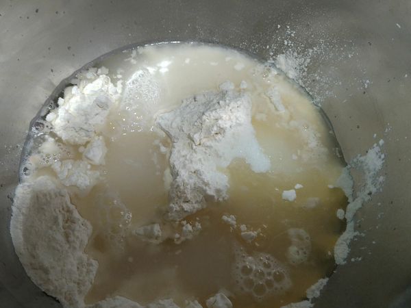 麵糰材料全部放入鋼盆內,攪拌至三光，麵糰成糰即可.