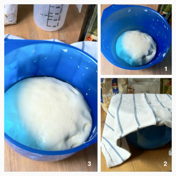 將麵團滾成一個大球狀，表面均勻抹上一層薄薄的橄欖油，放置在加蓋的大碗中，在常溫下靜置1小時（夏天可以縮短至40分鐘）使麵糰發酵膨脹至2倍大。