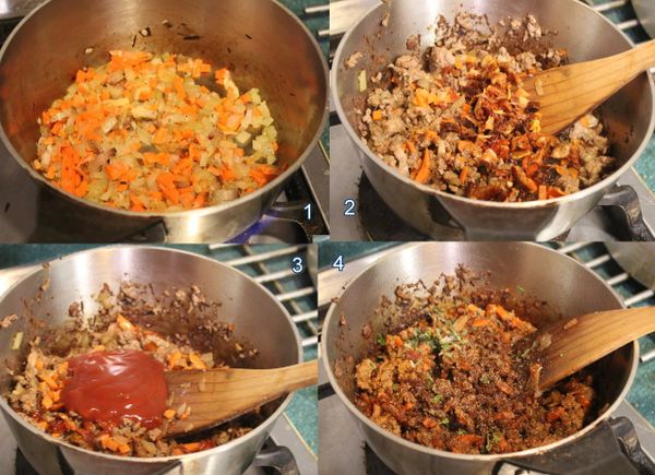 熱油鍋後，將洋蔥炒軟，加入培根，炒至培根出油後，加入紅蘿蔔。再放入牛絞肉炒至肉色變白後，加入蕃茄乾、蕃茄糊炒勻後，加入鼠尾草及磨入肉荳蔻粉，拌勻。